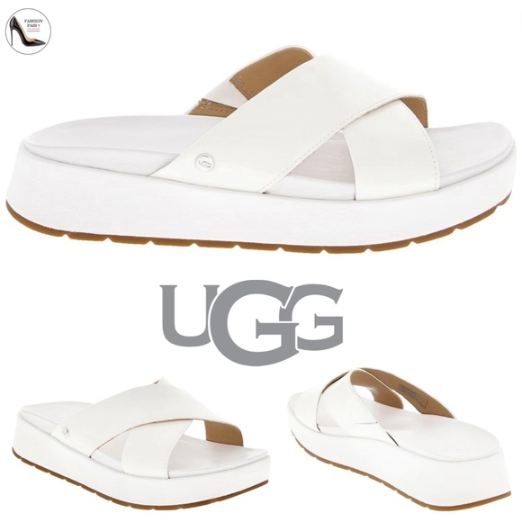 UGG Emily Slide Cross Strap Sandals White Patent Leather Platform Slip On 7.5 - Picture 1 of 12